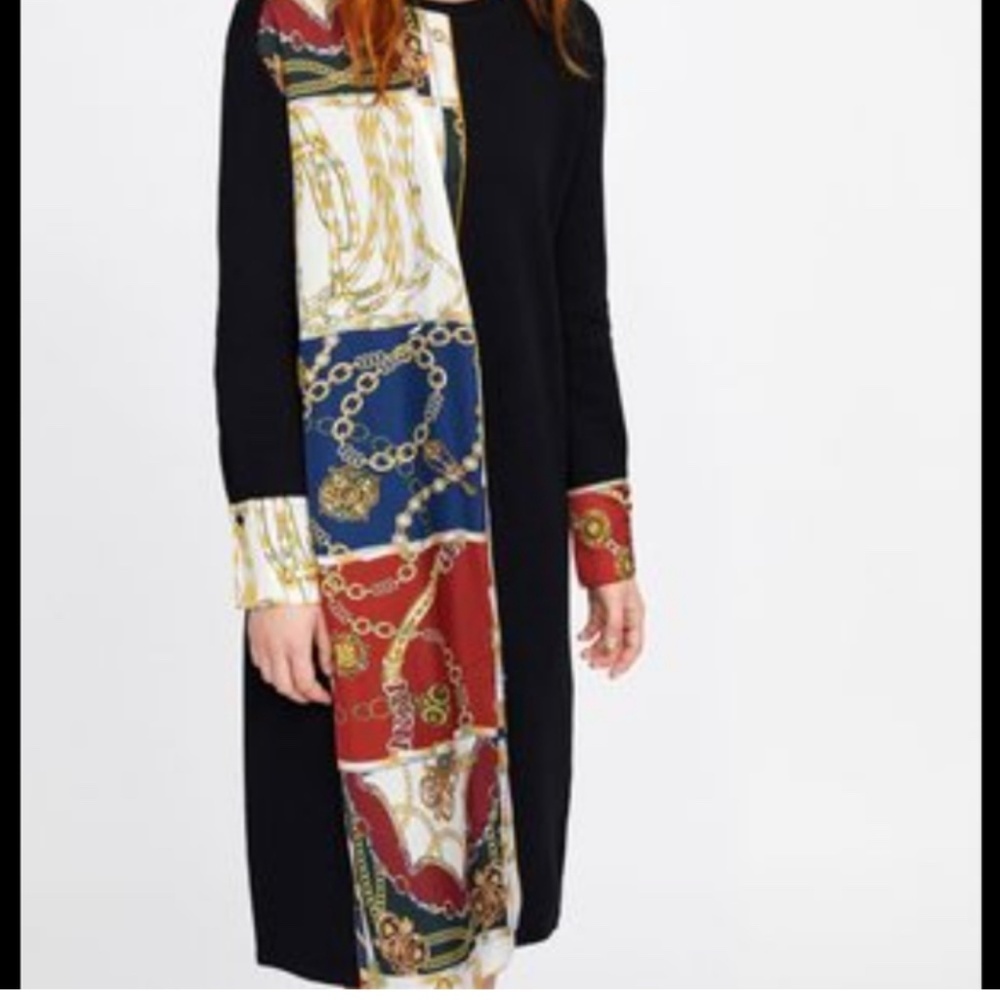 Zara Scarf Chain Satin Print Black Long Sleeve Midi Sheath Dress Size Small